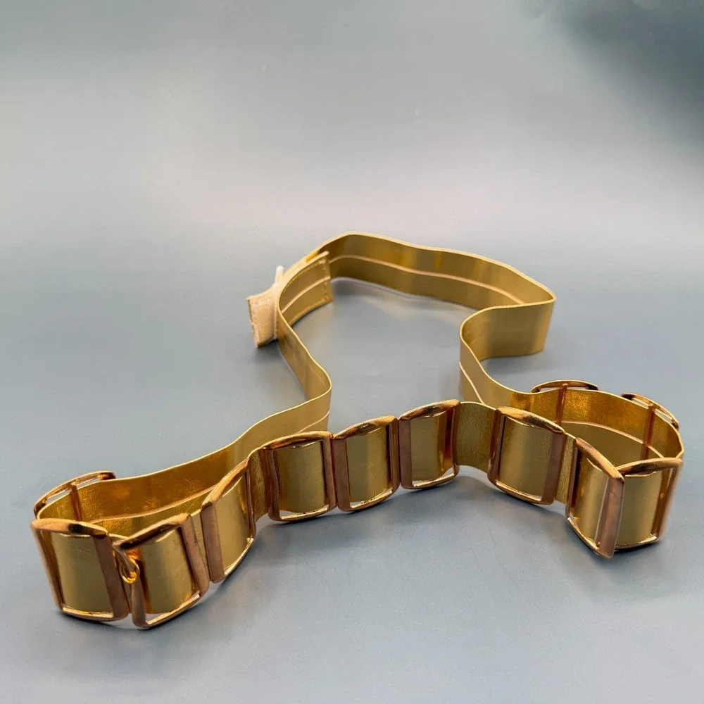 Gold Tone Wide Waist Belt Rectangular Accents Statement Vintage Retro Costume
